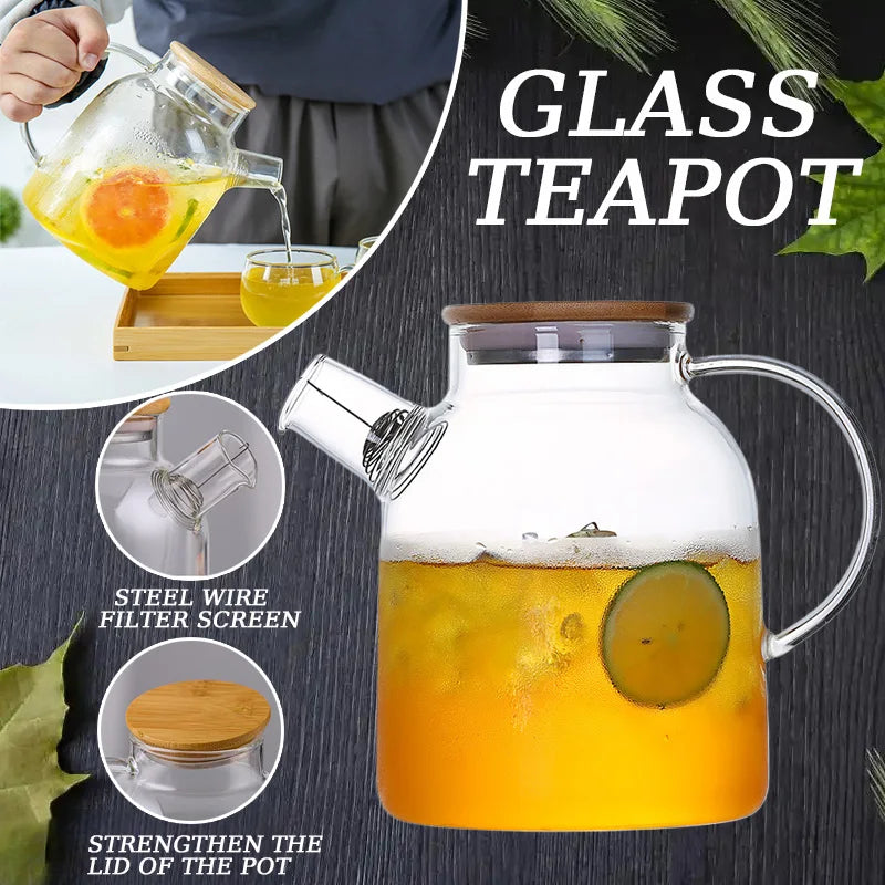 Heat-Resistant Glass Teapot – 1L & 1.8L with Wooden Lid & Removable Filter