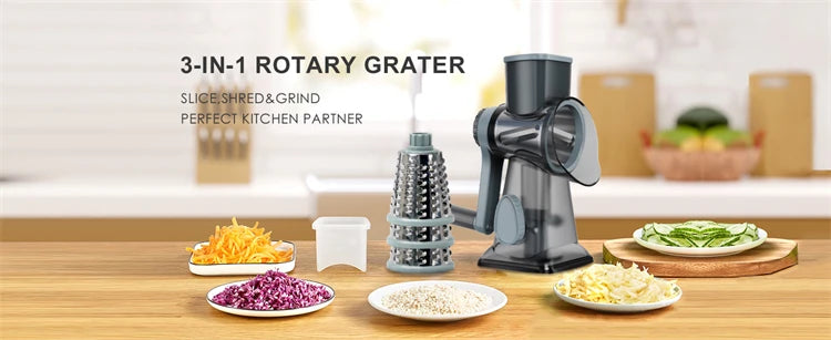 3-in-1 Rotary Cheese Grater – Versatile Manual Vegetable & Nut Shredder