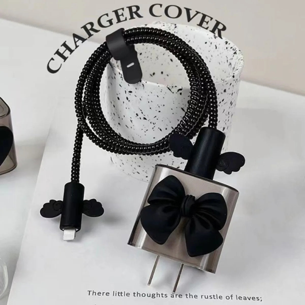 Cable Protector & Winder Set – Cute Black Love Bow Design for iPhone Chargers