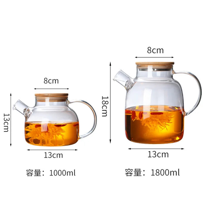 Heat-Resistant Glass Teapot – 1L & 1.8L with Wooden Lid & Removable Filter