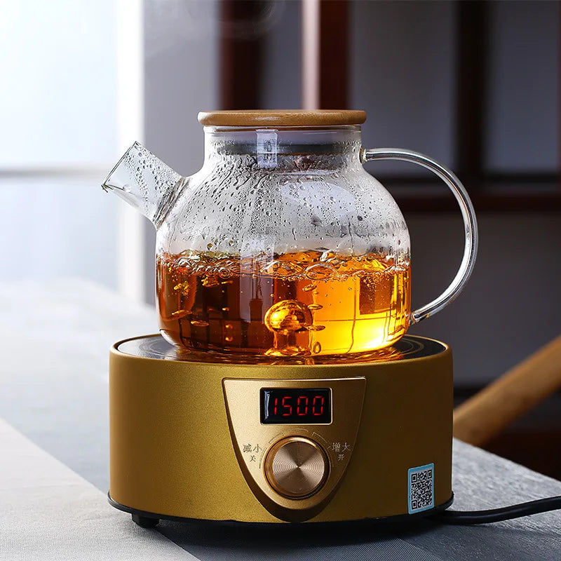 Heat-Resistant Glass Teapot – 1L & 1.8L with Wooden Lid & Removable Filter