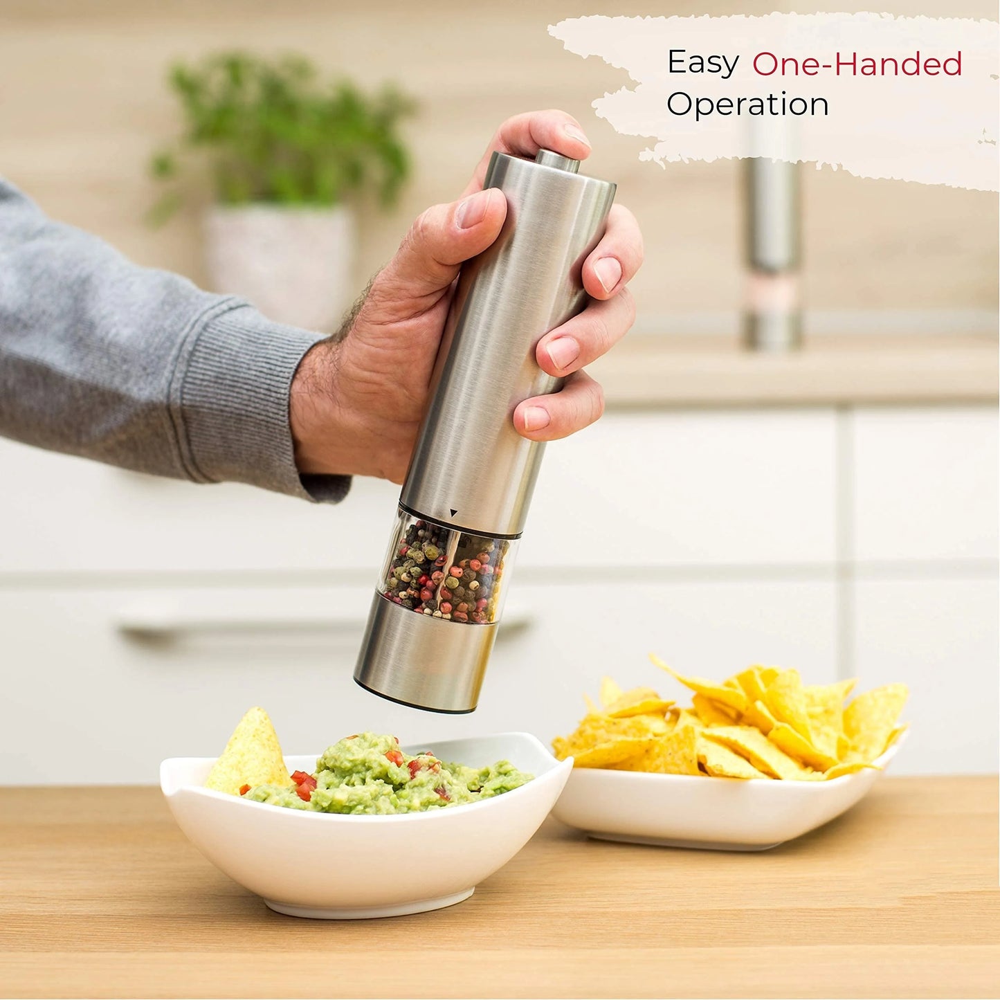 Electric Salt & Pepper Grinder Set – One-Handed Stainless Steel Spice Mill with LED Light