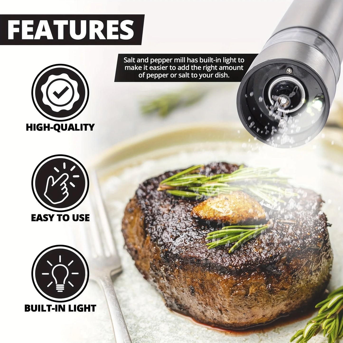 Electric Salt & Pepper Grinder Set – One-Handed Stainless Steel Spice Mill with LED Light