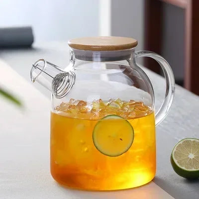 Heat-Resistant Glass Teapot – 1L & 1.8L with Wooden Lid & Removable Filter