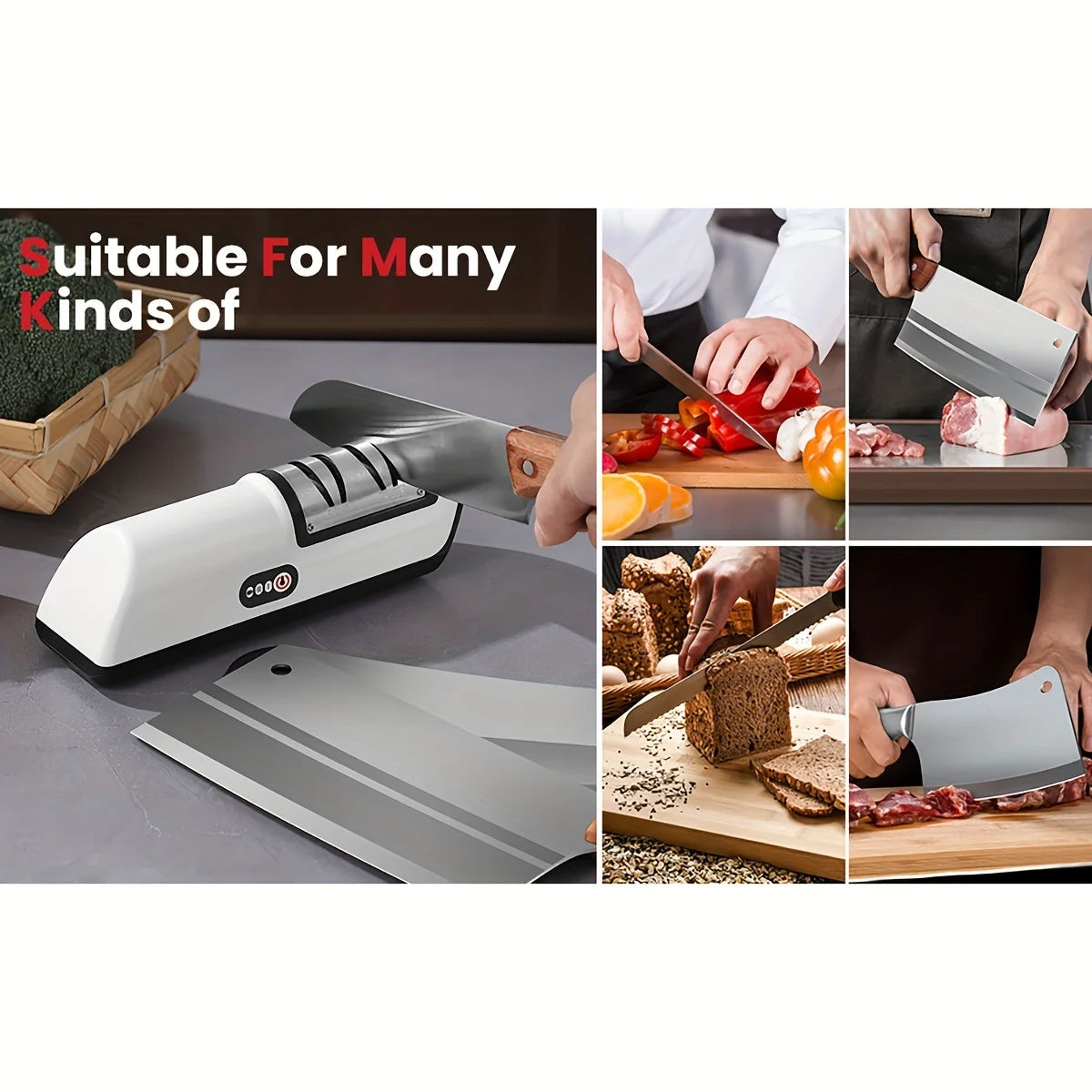 Multifunctional Electric Knife Sharpener – 4-Gear Automatic Sharpening for Kitchen Knives & Scissors