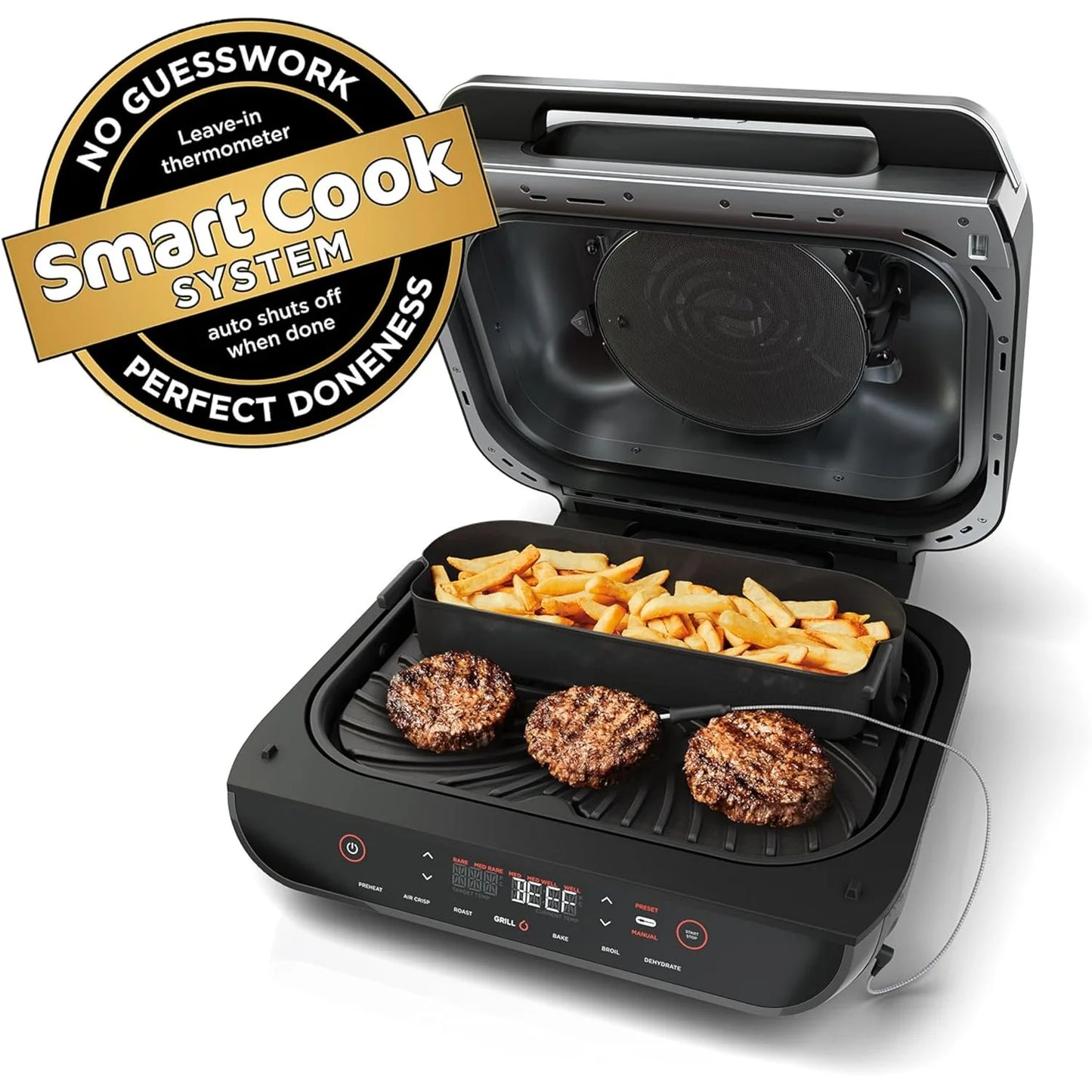 6-in-1 Indoor Electric Grill and Air Fryer Combo – Roast, Bake, Broil, Dehydrate with Smart Thermometer