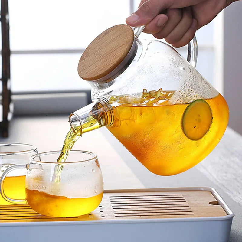 Heat-Resistant Glass Teapot – 1L & 1.8L with Wooden Lid & Removable Filter