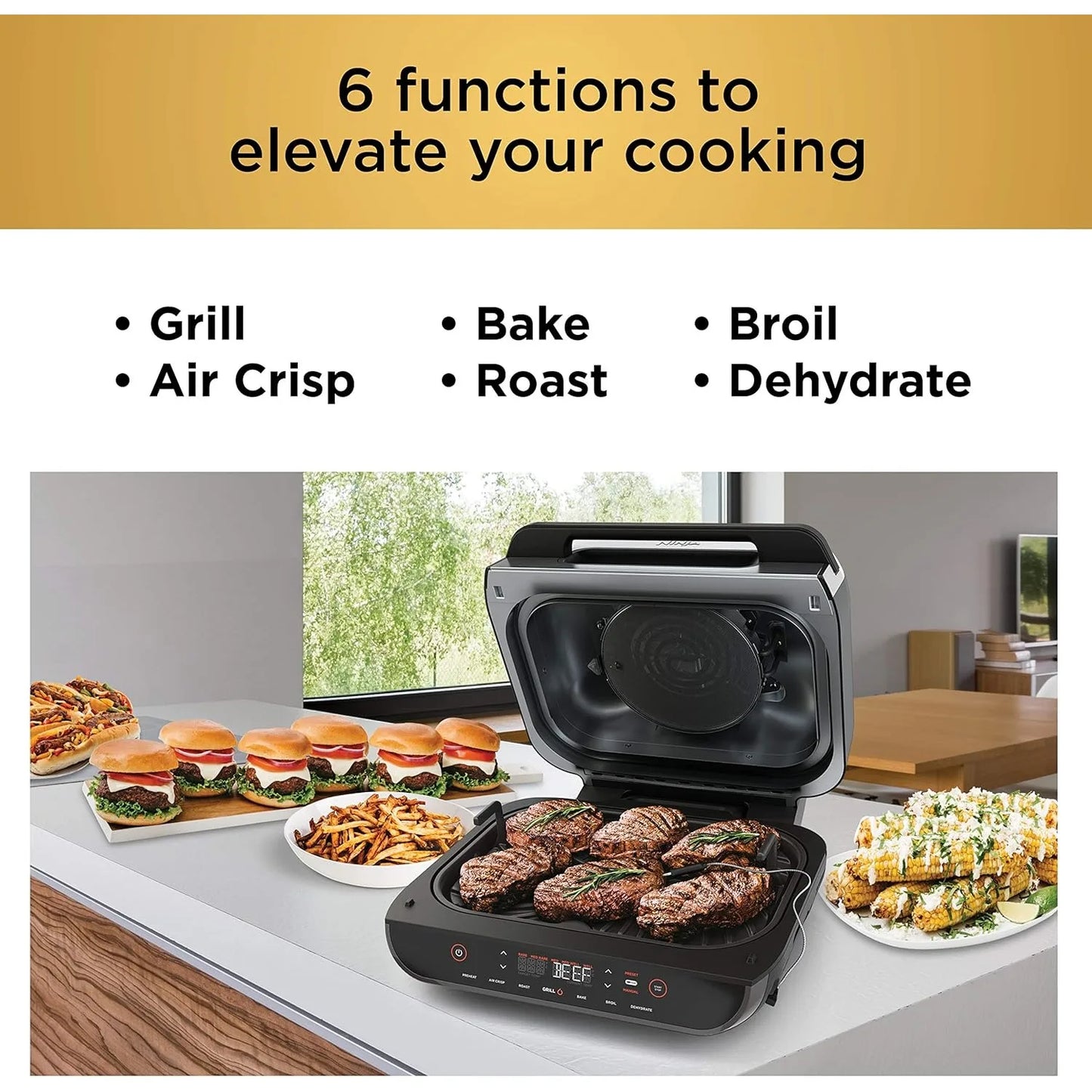 6-in-1 Indoor Electric Grill and Air Fryer Combo – Roast, Bake, Broil, Dehydrate with Smart Thermometer