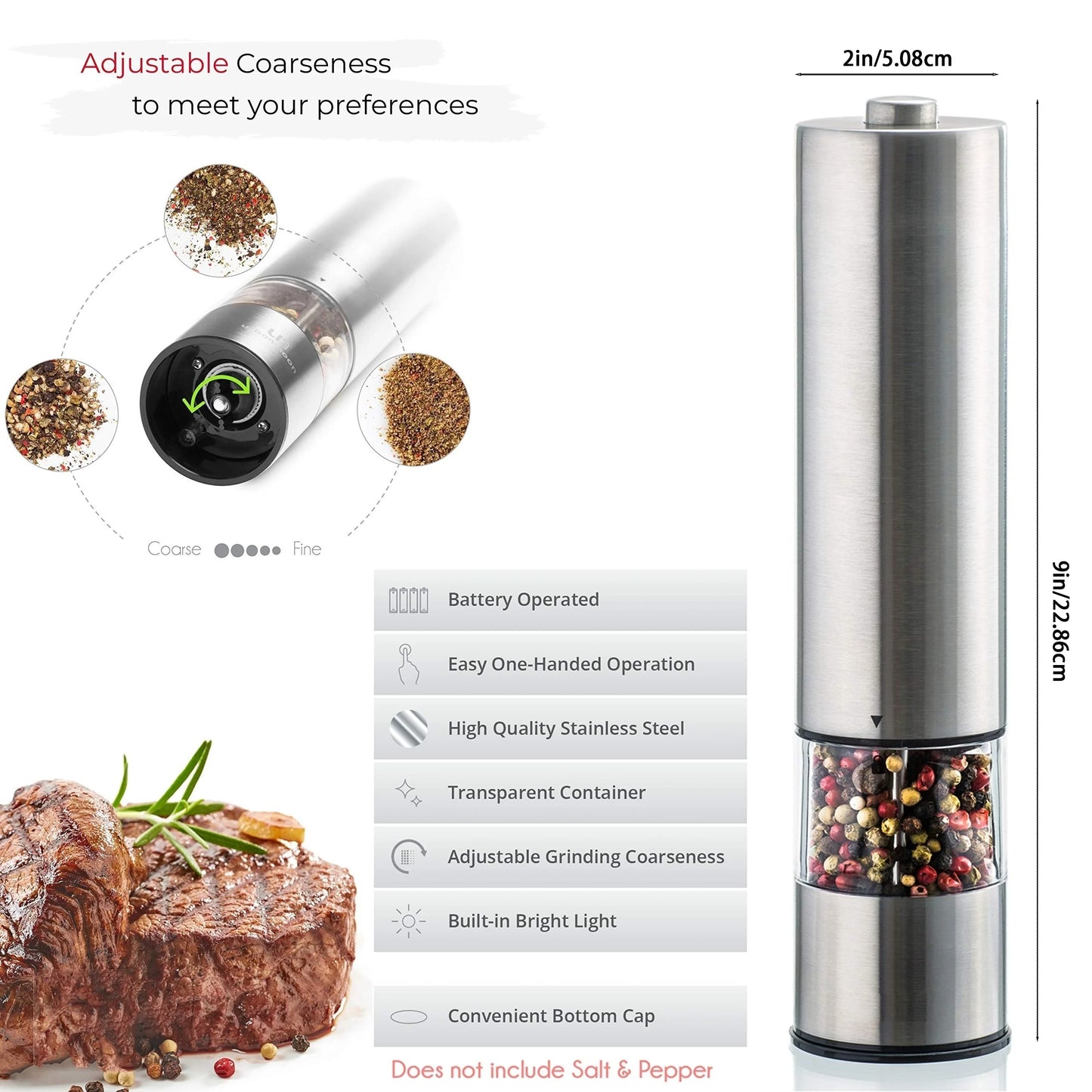 Electric Salt & Pepper Grinder Set – One-Handed Stainless Steel Spice Mill with LED Light