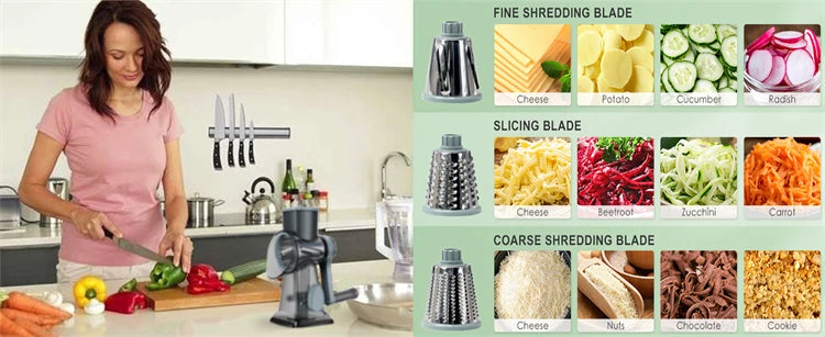 3-in-1 Rotary Cheese Grater – Versatile Manual Vegetable & Nut Shredder